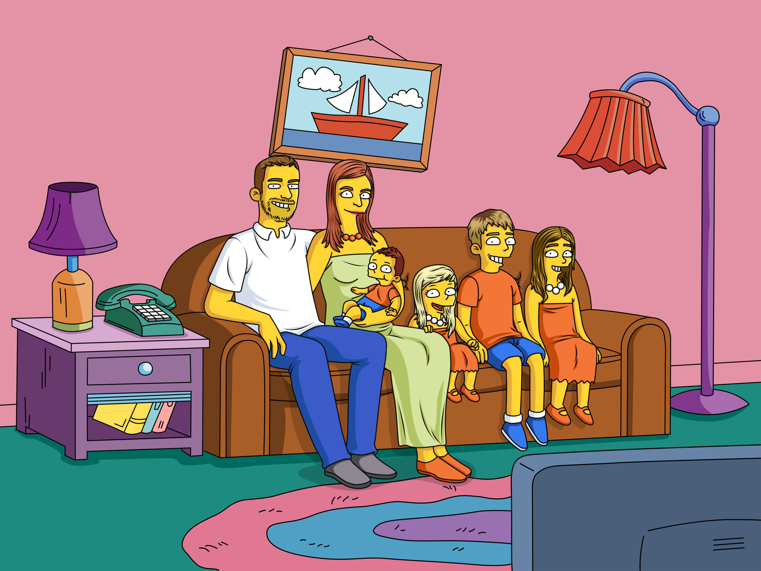 Custom Simpsons-style family portrait shared in a five-star Art of Yellow photo review