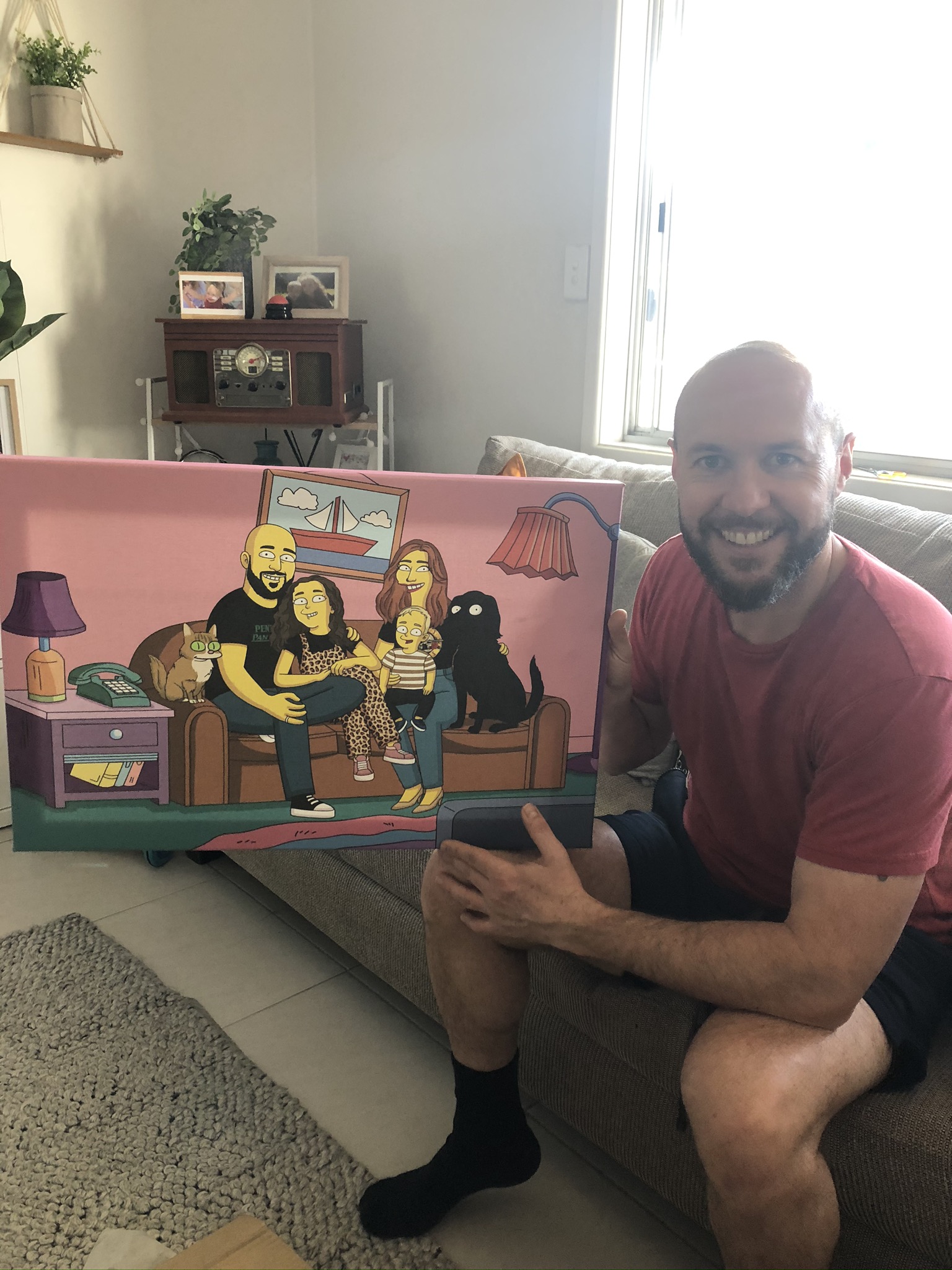 Custom Simpsons-style portrait given as a husband's 40th birthday surprise, Art of Yellow customer photo