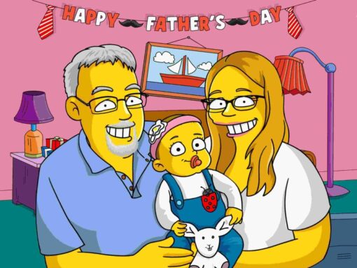 Custom Simpsons-style Father's Day family portrait in yellow cartoon style by Art of Yellow.