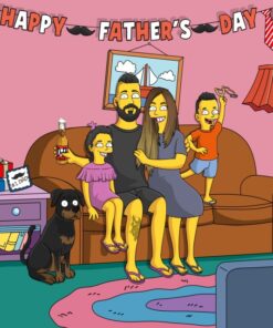 Custom Simpsons-style Father’s Day portrait featuring dad and child on the Simpsons couch. Art of Yellow Father’s Day sale – perfect personalized gift idea.