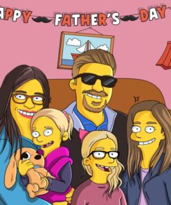 Custom Simpsons-style Father’s Day portrait featuring dad and child on the Simpsons couch. Art of Yellow Father’s Day sale – perfect personalized gift idea.