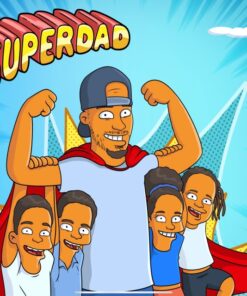 Simpsons-style Superdad cartoon with family, red cape, and comic ‘SUPERDAD’ text. Custom Father’s Day portrait by Art of Yellow