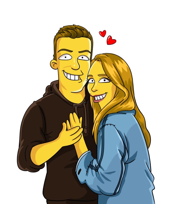 Custom Simpsons-style couple portrait with hearts in yellow cartoon style by Art of Yellow.