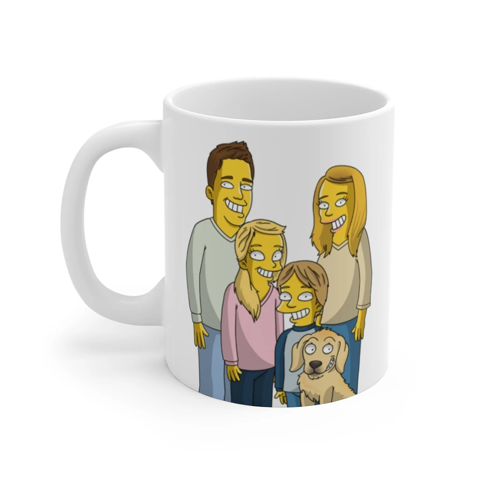 Custom Simpsons-style family portrait mug with the whole family and pets by Art of Yellow