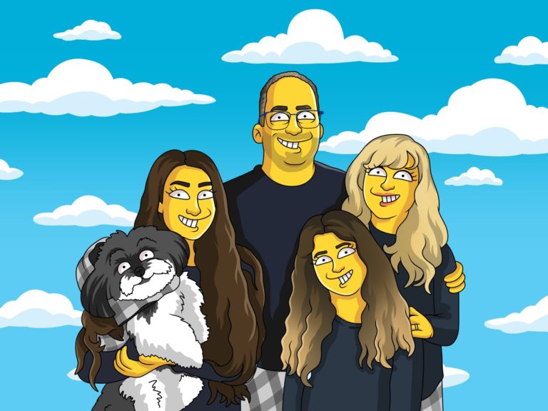 Custom Simpsons-style family portrait with a dog by Art of Yellow